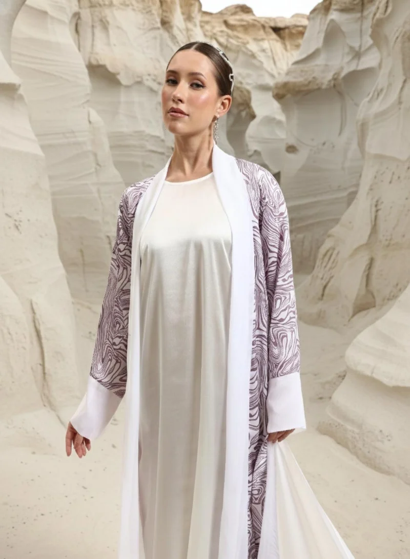 Ishin  Mauve Abstract print layered Abaya with Hijab for Women | Best Price UAE